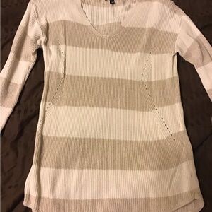 a.n.a Cream and Tan V-Neck Sweater with Stripes